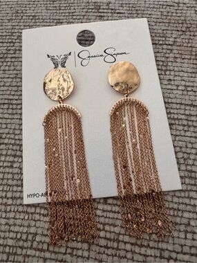 Jessica Simpson Rose Gold Hammered Disc Tassel Earrings
